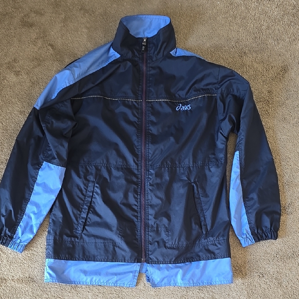 Vintage Asics Women's Dark And Light Blue Windbreaker Size Medium